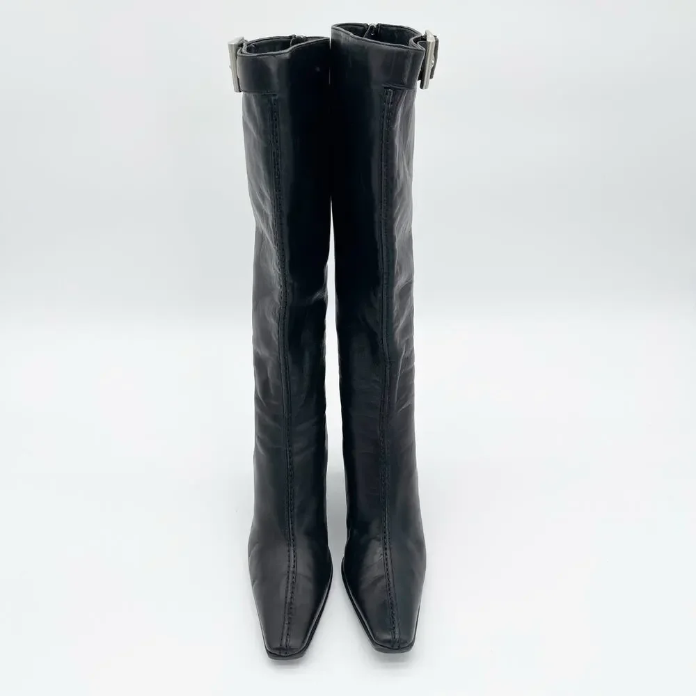 Vintage Prada Black Leather Square Toe Heeled Knee High Italian Boots 90s IT 36 - Picture 5 of 14